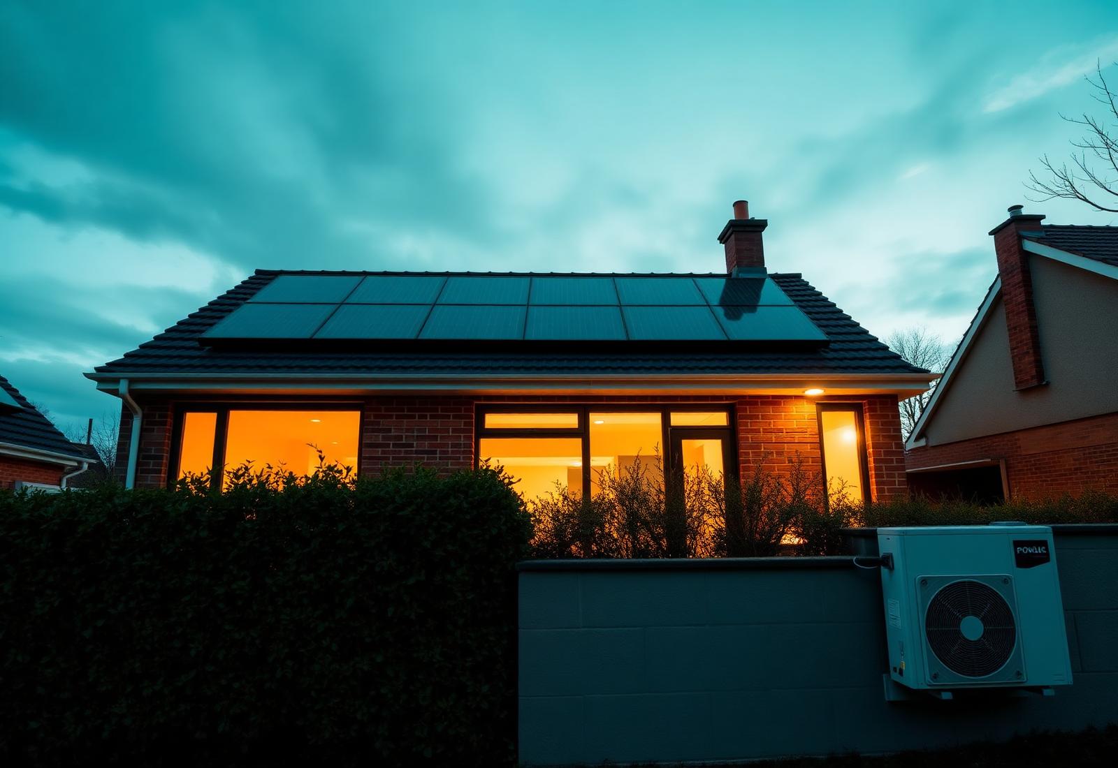 Home with solar panels on the roof and a heat pump outside at dusk